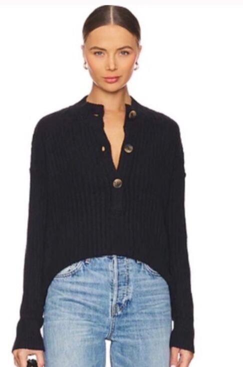 Free People Sweaters - Free People Women's Cocoa Henley Pullover Sweater Black Relax Soft Sz L